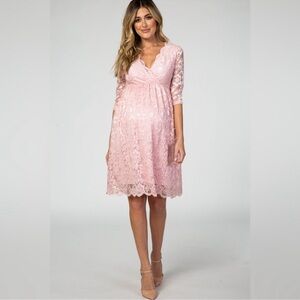 Hello MIZ Light Pink 3/4 Sleeve Floral Lace Maternity Nursing Dress